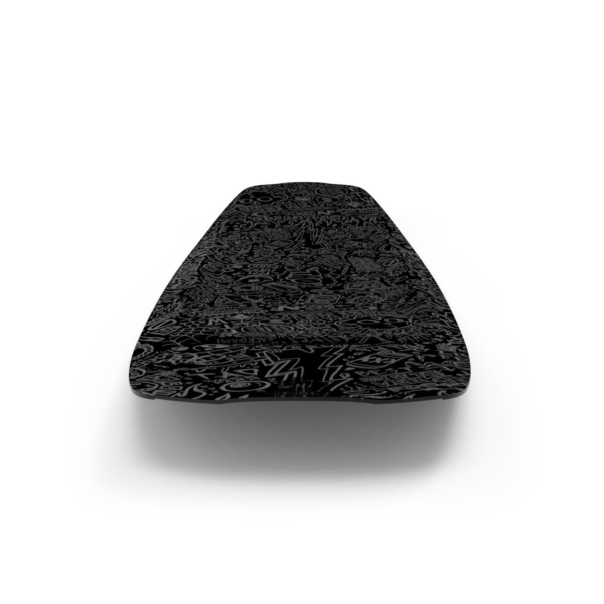 End view of TAO wakeboard highlighting black doodle deck graphic.