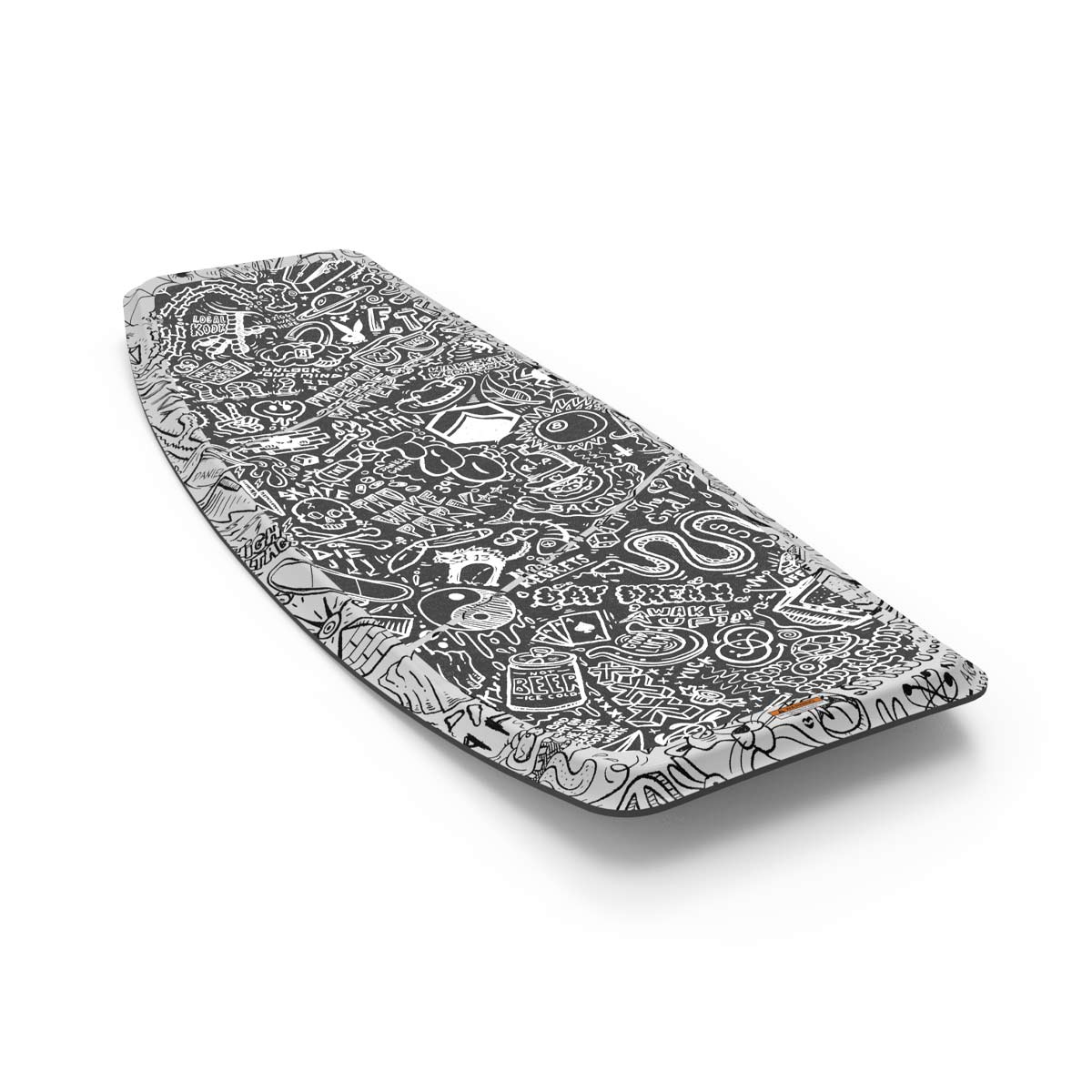 Angled view of TAO Skate wakeskate top with white and black doodle design.