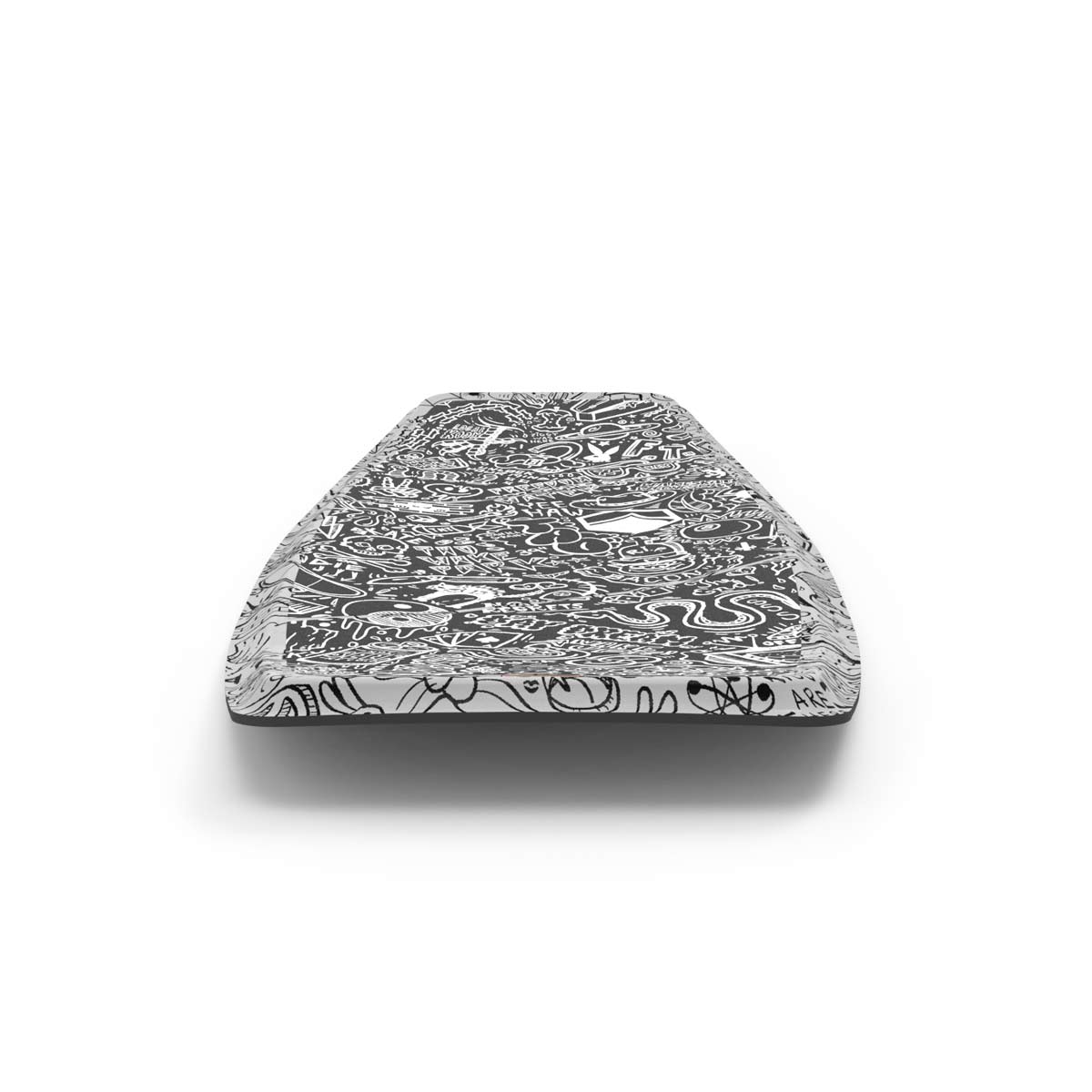 Front angled view of TAO Skate wakeskate with black doodle pattern.