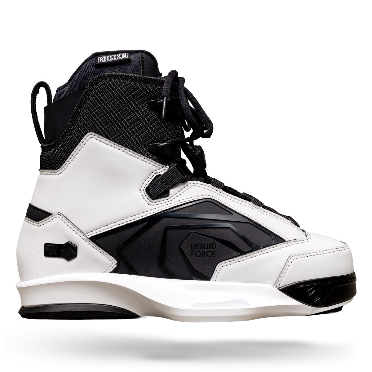 Side view of Terra 6X binding in white with black accents and textured mid panel.