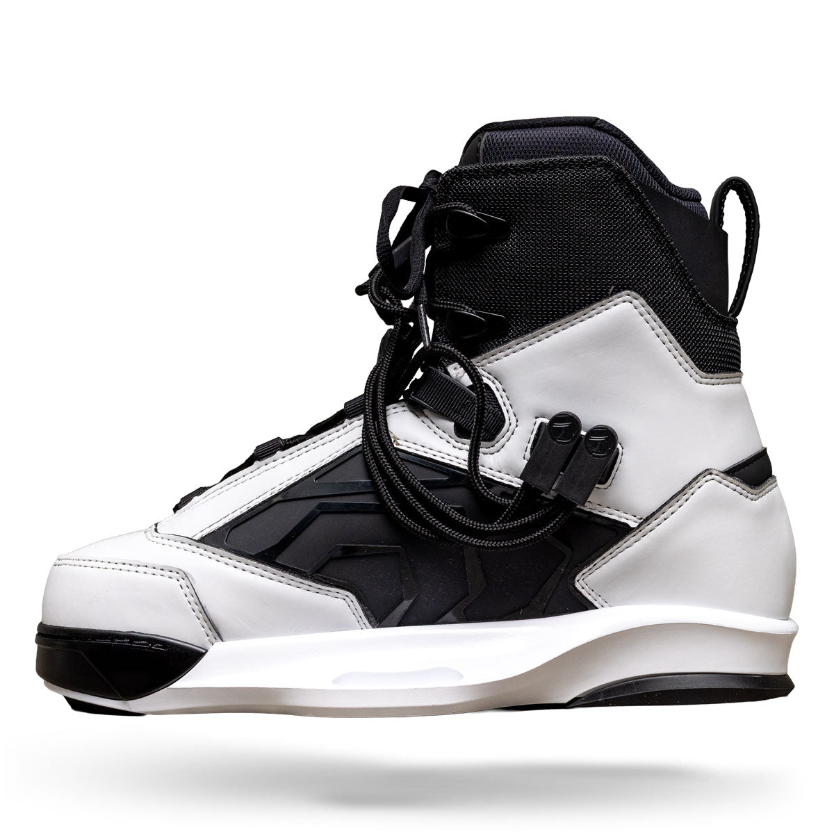 Opposite side view of Terra 6X binding in white and black with lace lock detail.