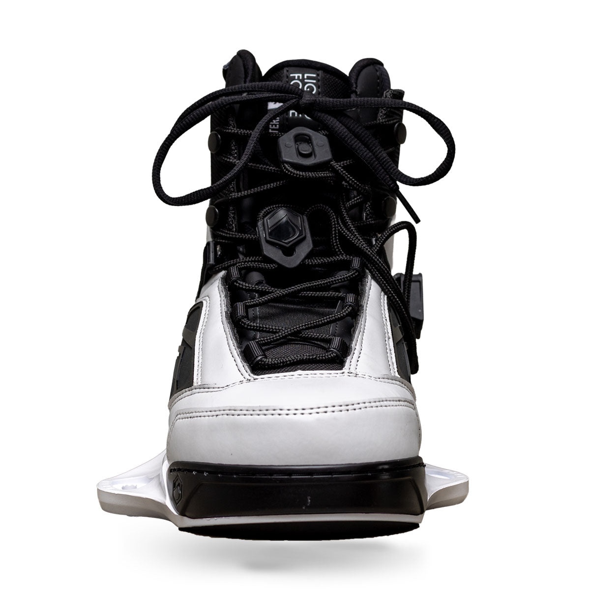 Front view of Terra 6X binding in black and white with lace-up closure.