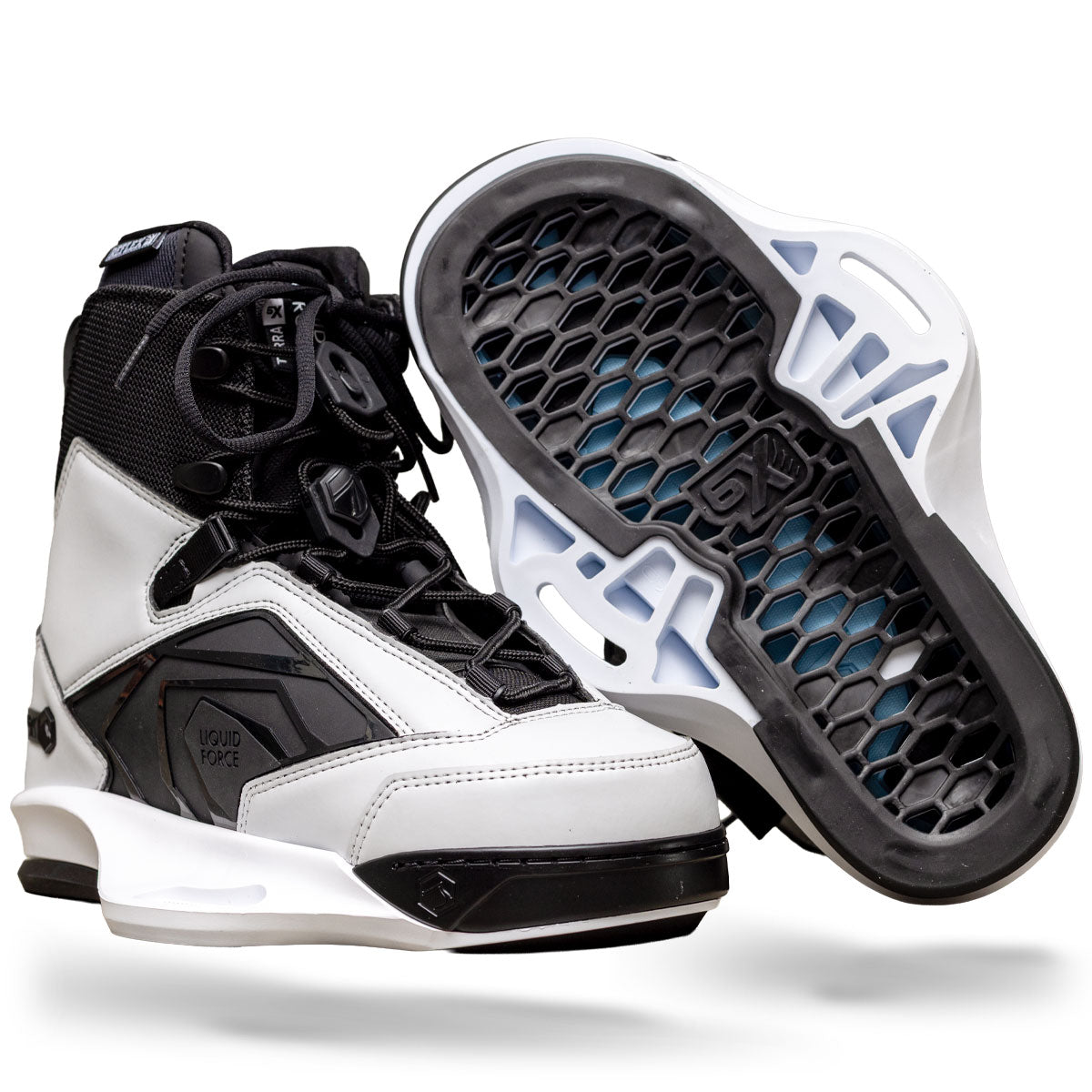 Angled view of Terra 6X binding with black outsole and blue footbed detail.