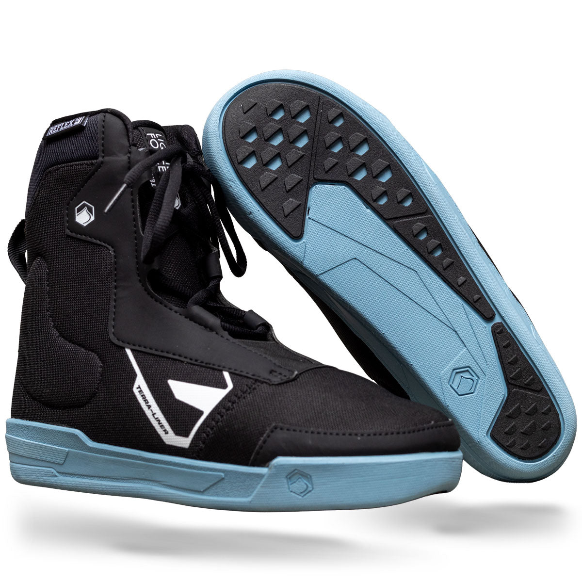 Angled view of Terra 6X liner in black with blue sole and white graphic details.