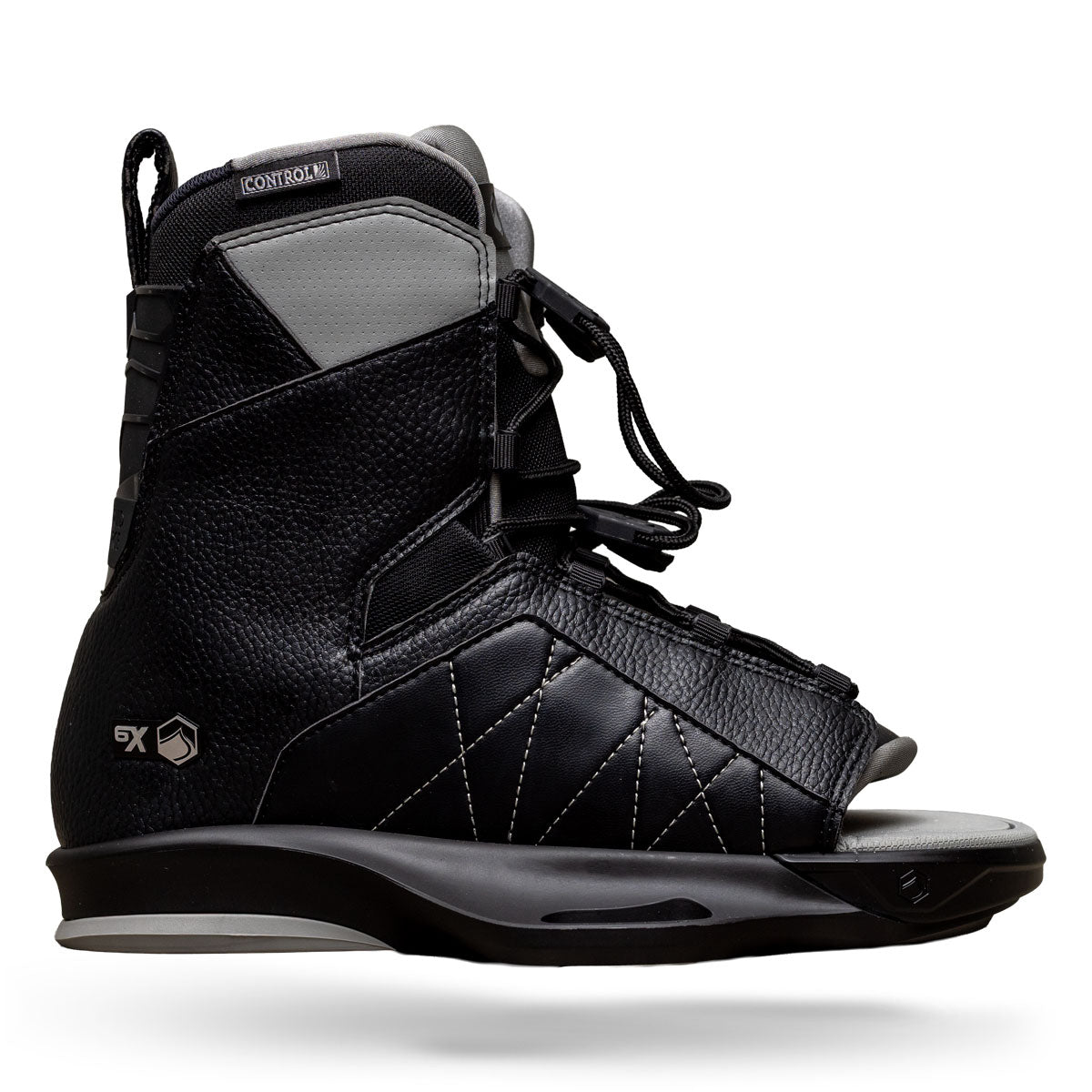 Side view of Transit 6X binding in black with gray accents and open toe design.