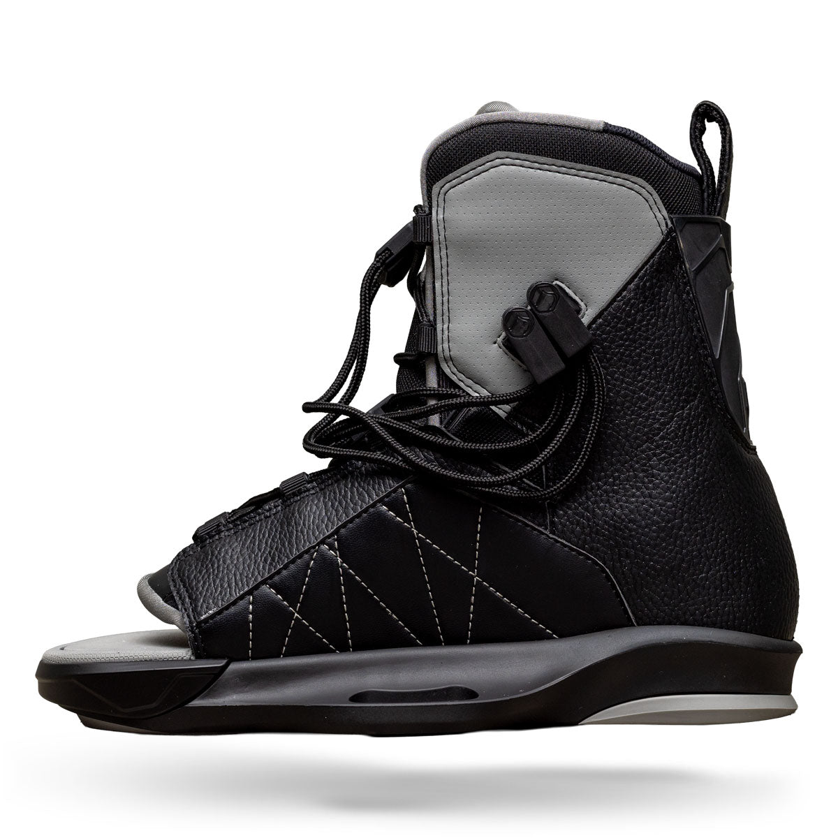 Side view of Transit 6X binding in black with gray accents and open toe design.