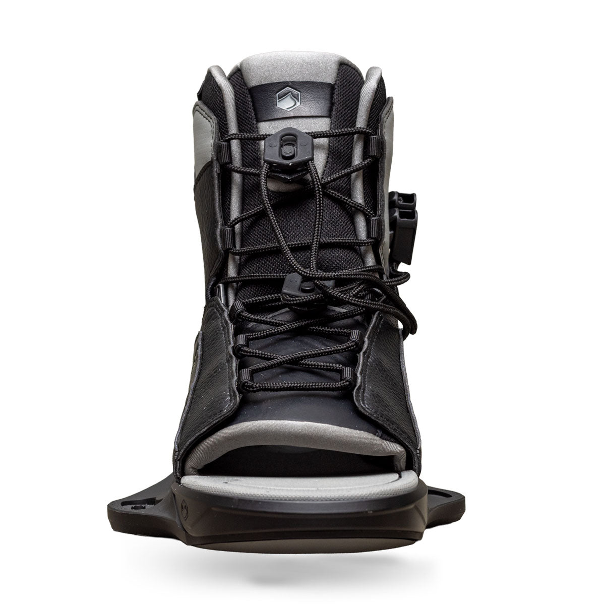 Front view of Transit 6X binding in black with gray tongue and lace-up design.