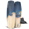 Top and base view of Trip wakeboard with blue and orange striped design and black Index 6R bindings.