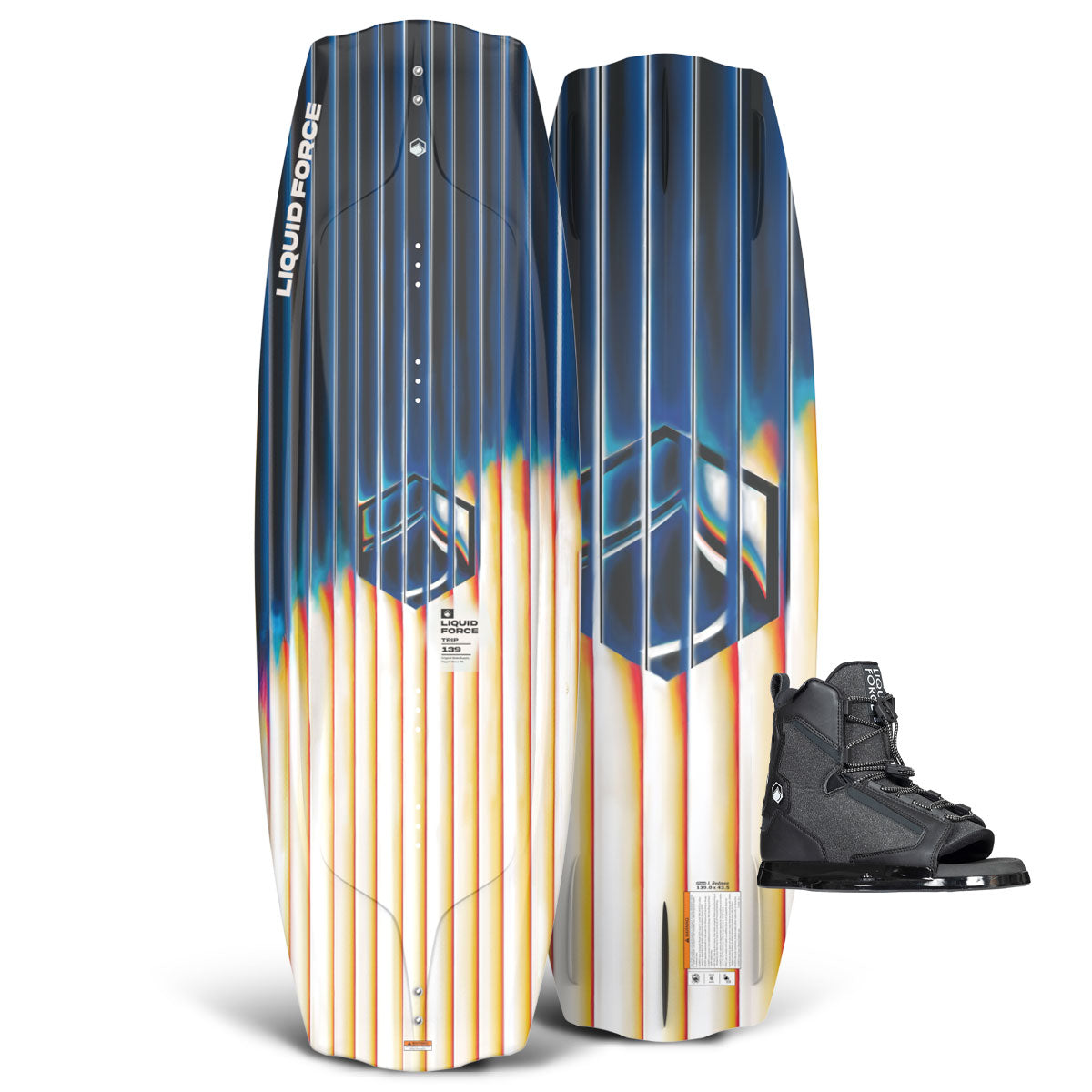 Top and base view of Trip wakeboard with blue and orange striped design and black Index 6R bindings.