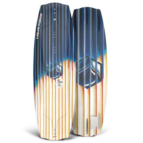 Front and back view of Trip wakeboard with striped blue, white, and yellow gradient design.