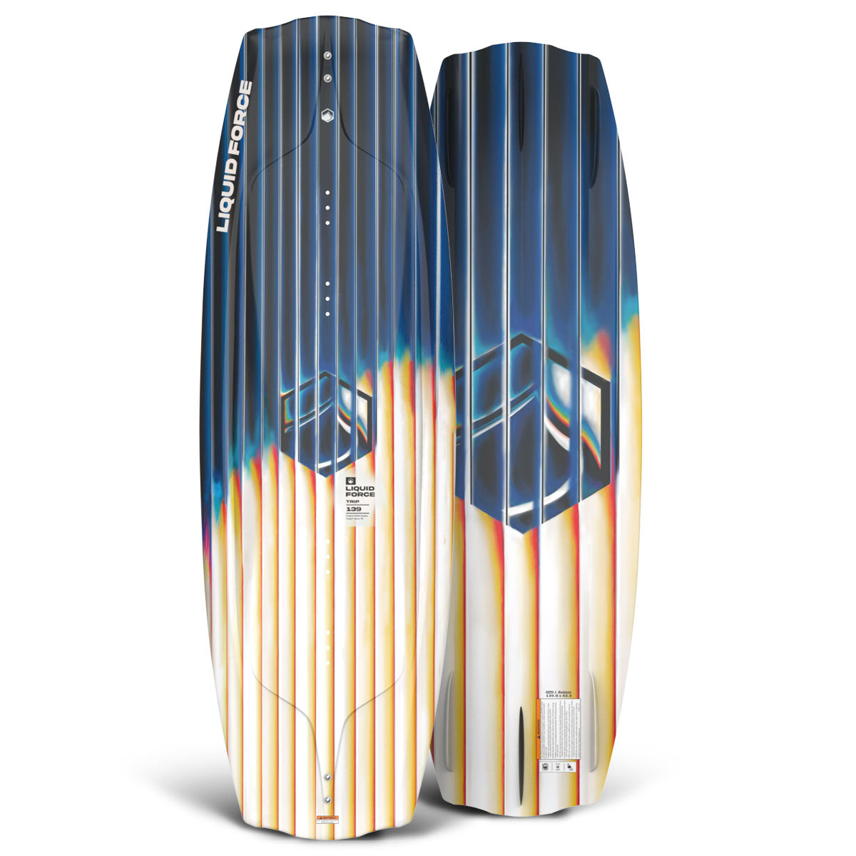 Front and back view of Trip wakeboard with striped blue, white, and yellow gradient design.