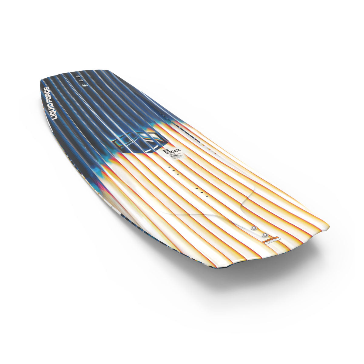 Front and back view of Trip wakeboard with striped blue, white, and yellow gradient design.