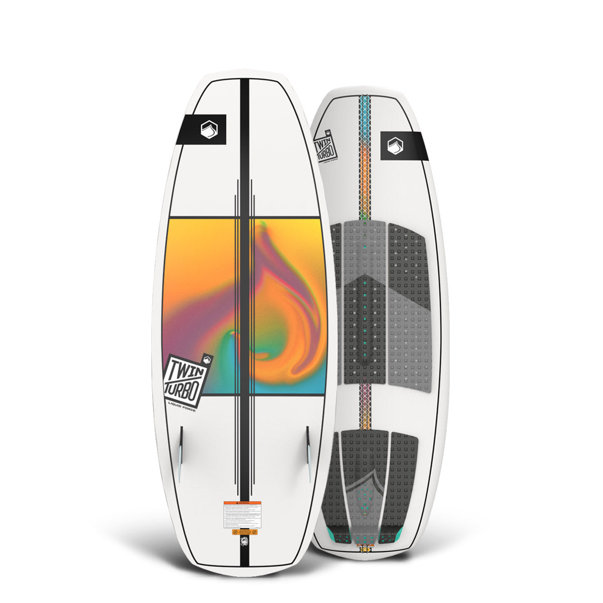 Base and top of the Twin Turbo 4'2" wakesurfer with white base, rainbow swirl graphic, and gray traction pads.