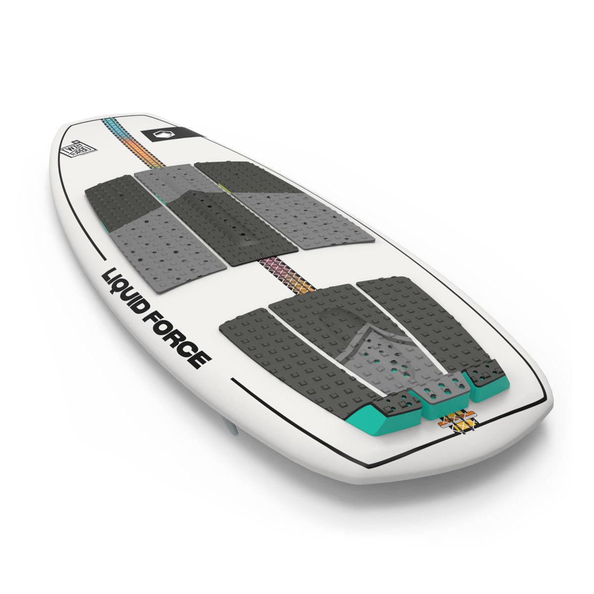 Angled view of the Twin Turbo board with black traction pads and striped center line.