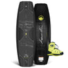 Front and back of Unity AERO wakeboard with dark water design shown beside neon yellow AERO 6X bindings.