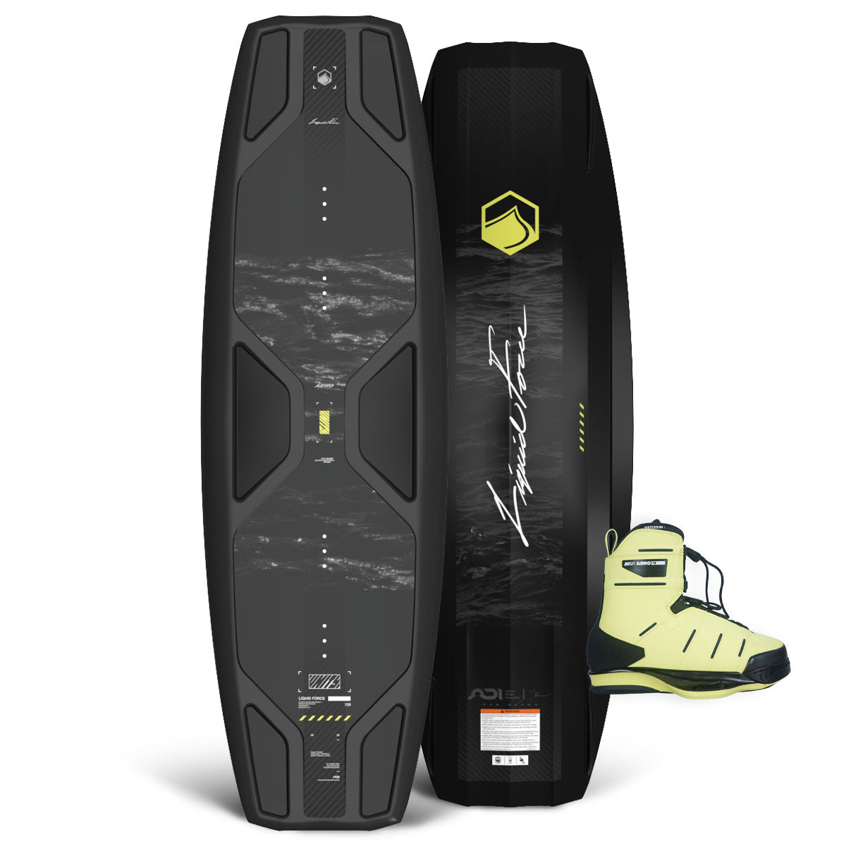 Front and back of Unity AERO wakeboard with dark water design shown beside neon yellow AERO 6X bindings.