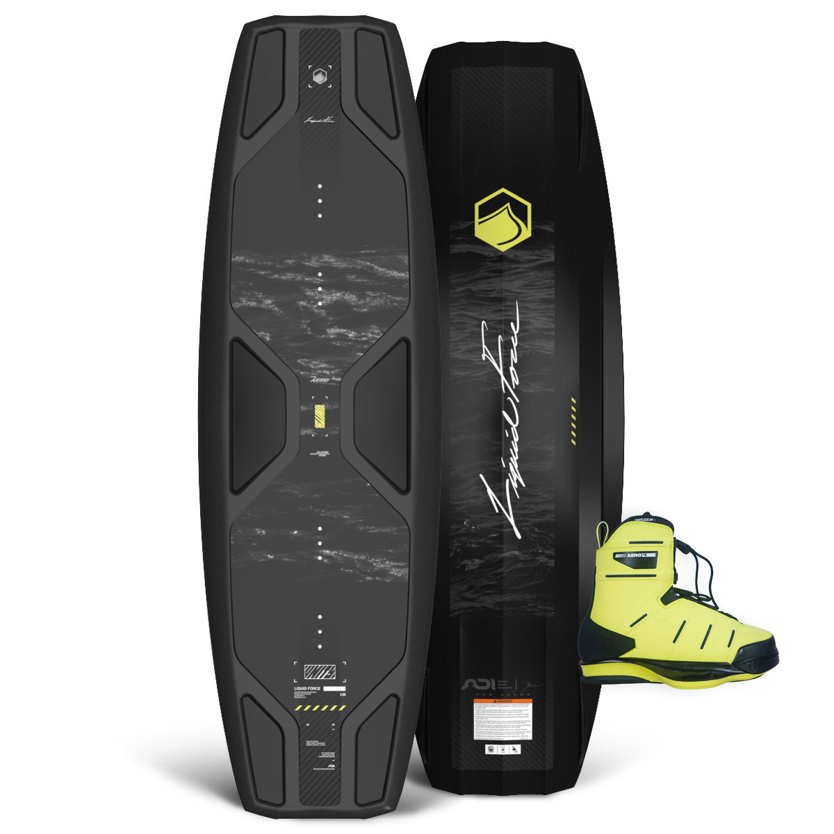 Front and back of Unity AERO wakeboard with dark water design shown beside neon yellow AERO 6X bindings.