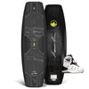 Front and back of Unity AERO wakeboard with black water graphic shown beside white AERO 6X bindings.
