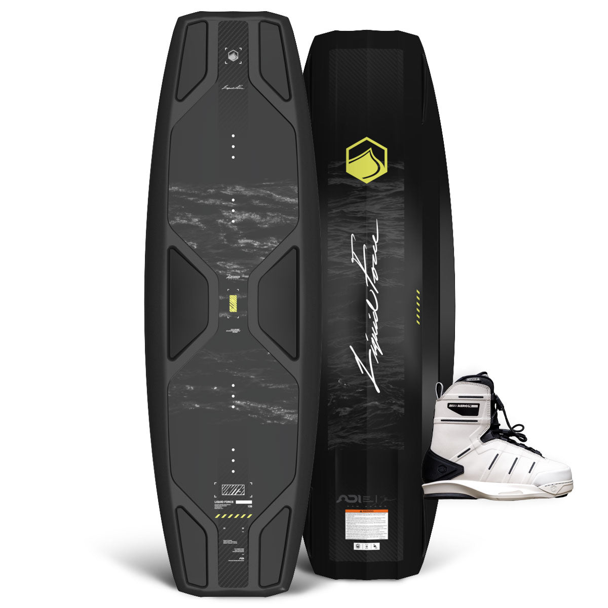 Front and back of Unity AERO wakeboard with black water graphic shown beside white AERO 6X bindings.