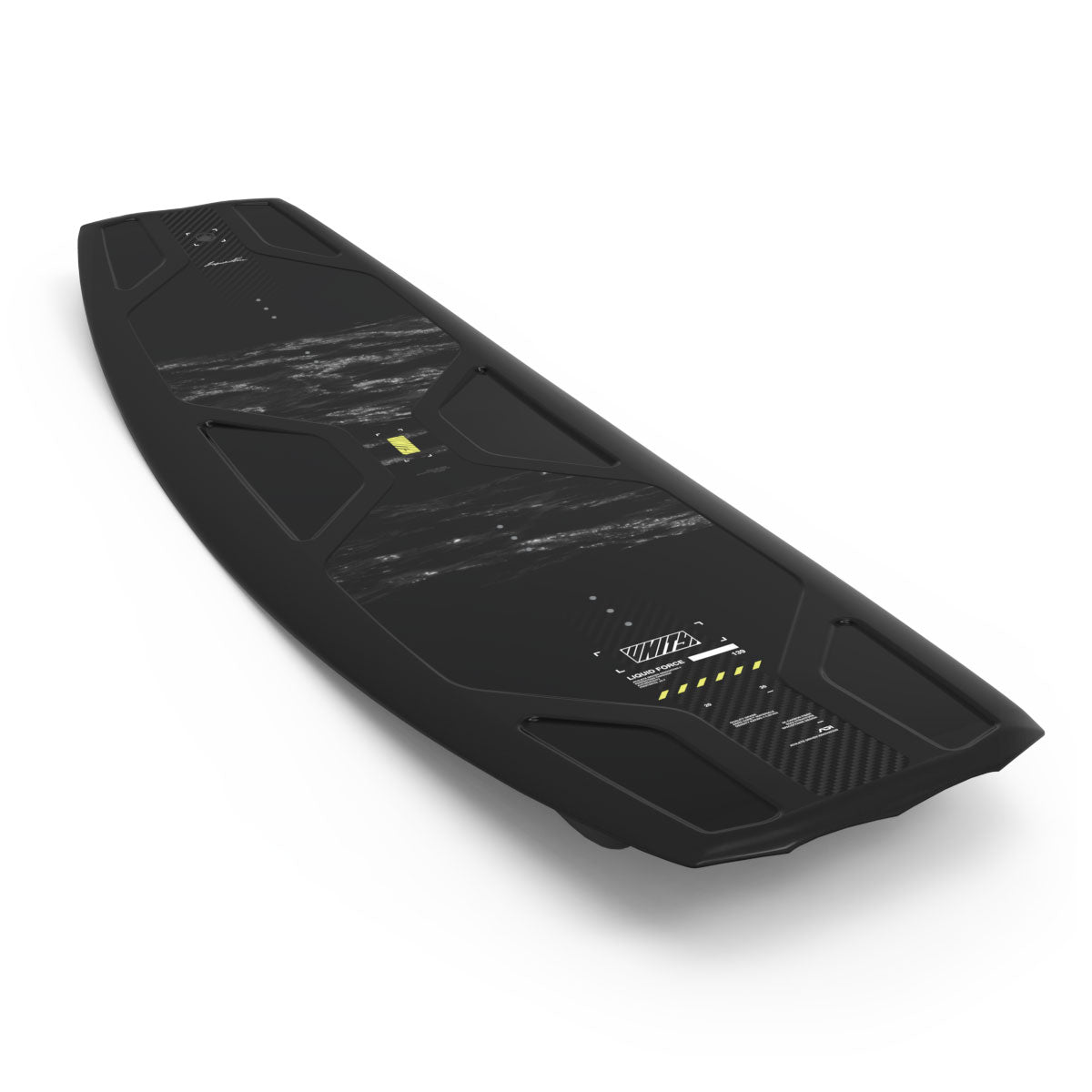 Front and back view of Unity AERO wakeboard in black with gray water texture and yellow accents.