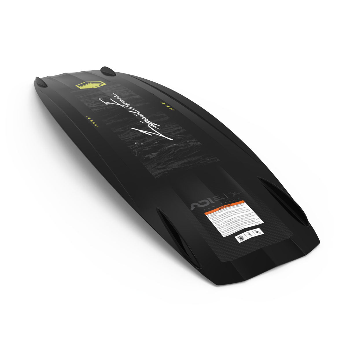 Angled underside of Unity AERO wakeboard with black base, white signature graphic, and yellow logo.