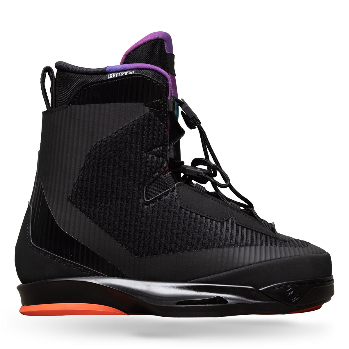 Side view of Vertex 6X binding in black with ribbed panels and purple padded tongue.