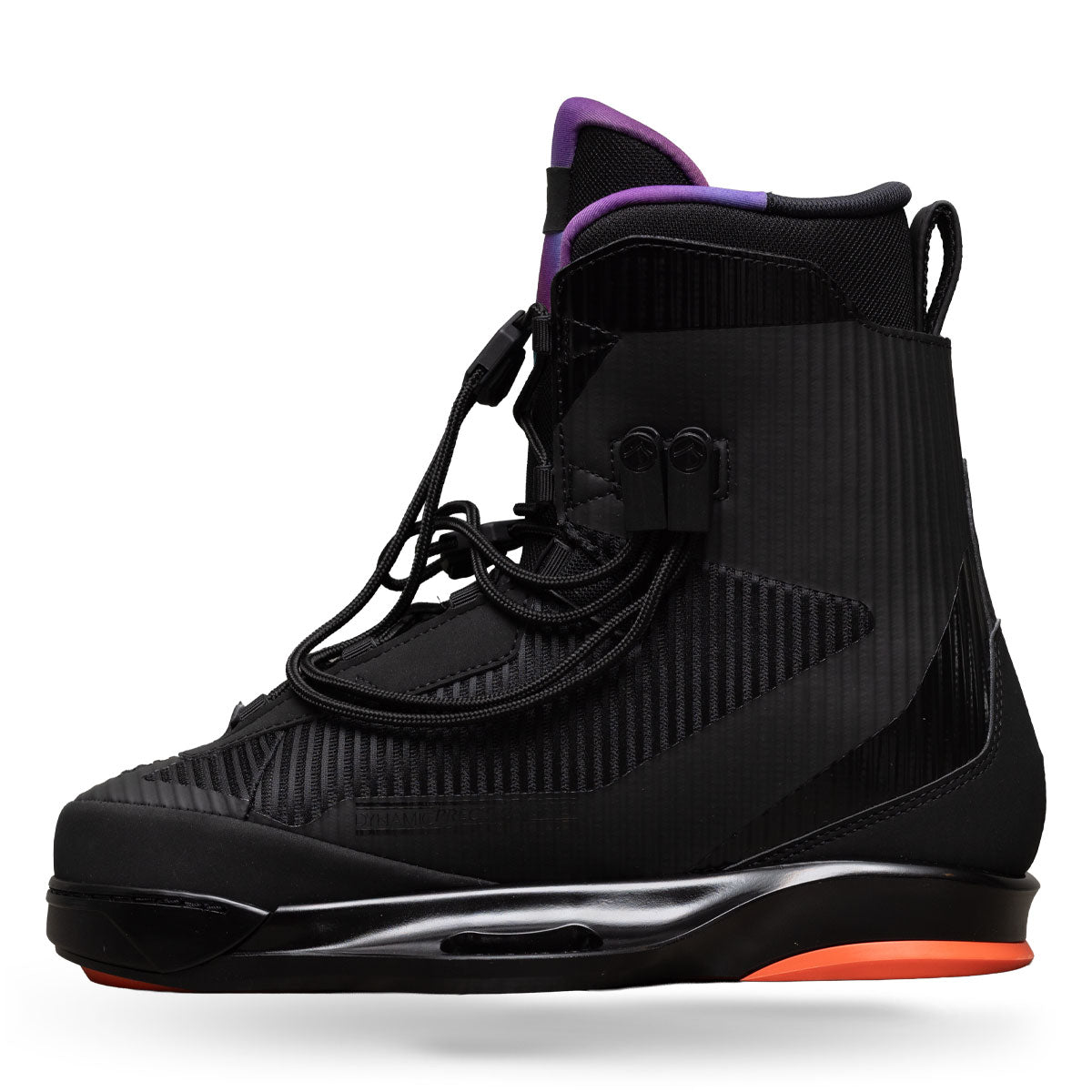 Opposite side view of Vertex 6X binding in black with ribbed detail and purple tongue.