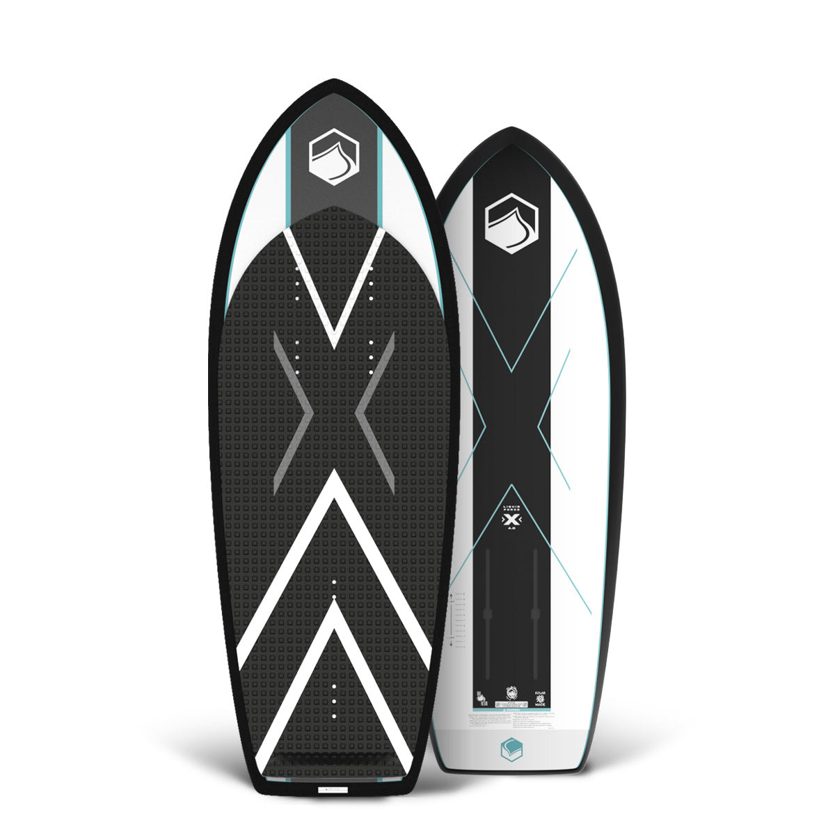 Top and bottom view of the X 4' foil board in black and white with geometric X pattern design.