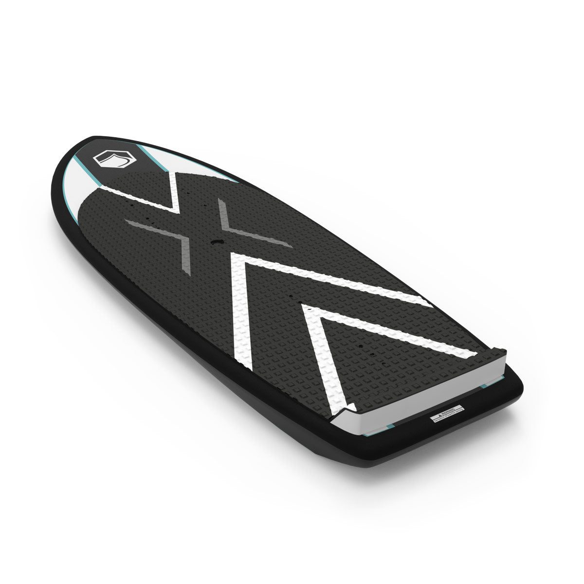 Angled top view of X foil board highlighting textured black deck and raised tail pad.