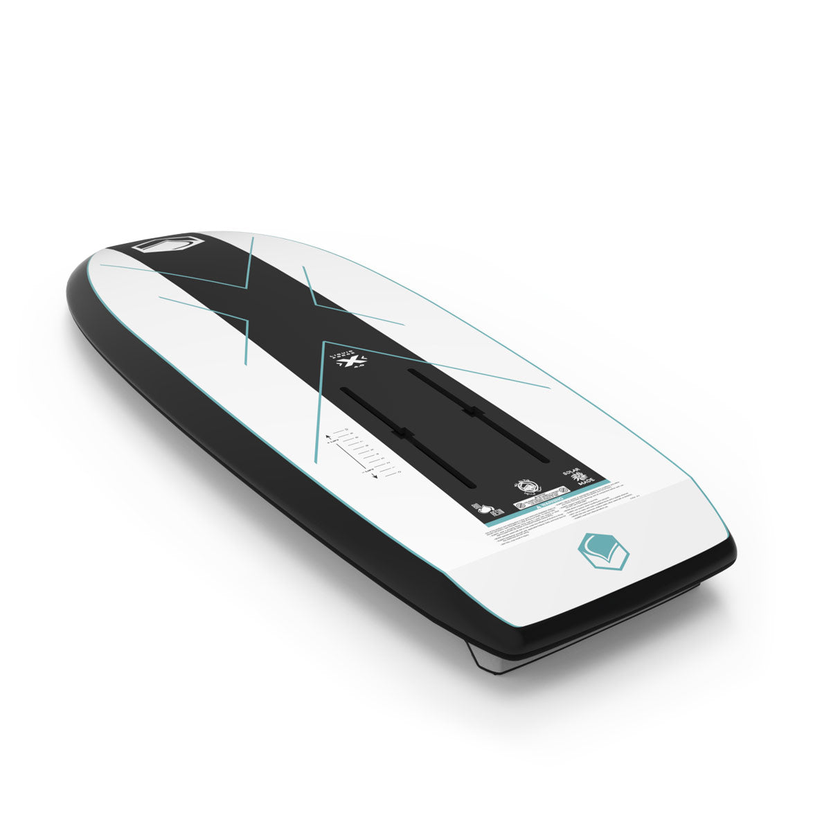 Angled base view of X foil board showing foil mounting tracks and sleek white underside.