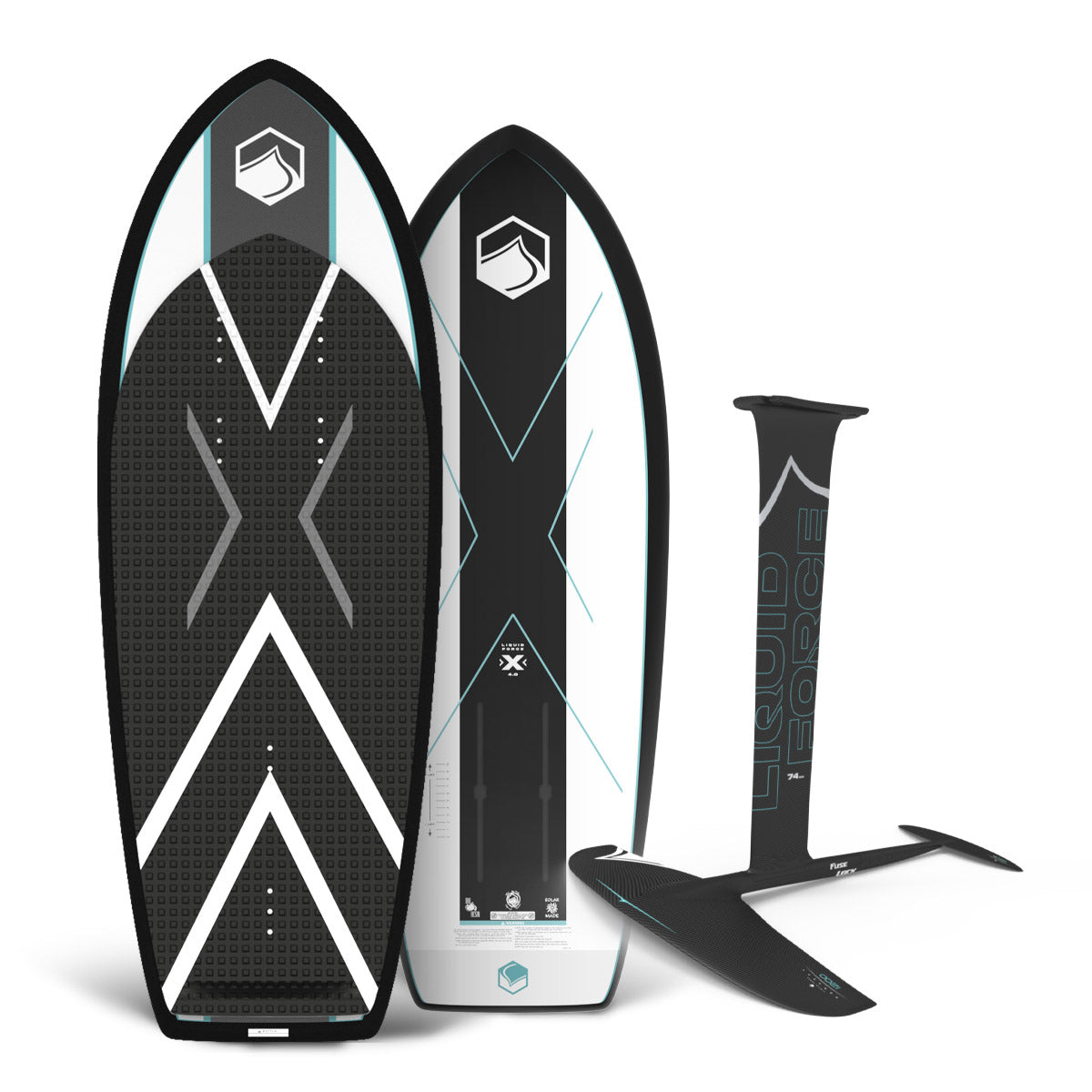 Top and base view of X foil board in black and white with Carbon Horizon 1200 FuseLock foil.