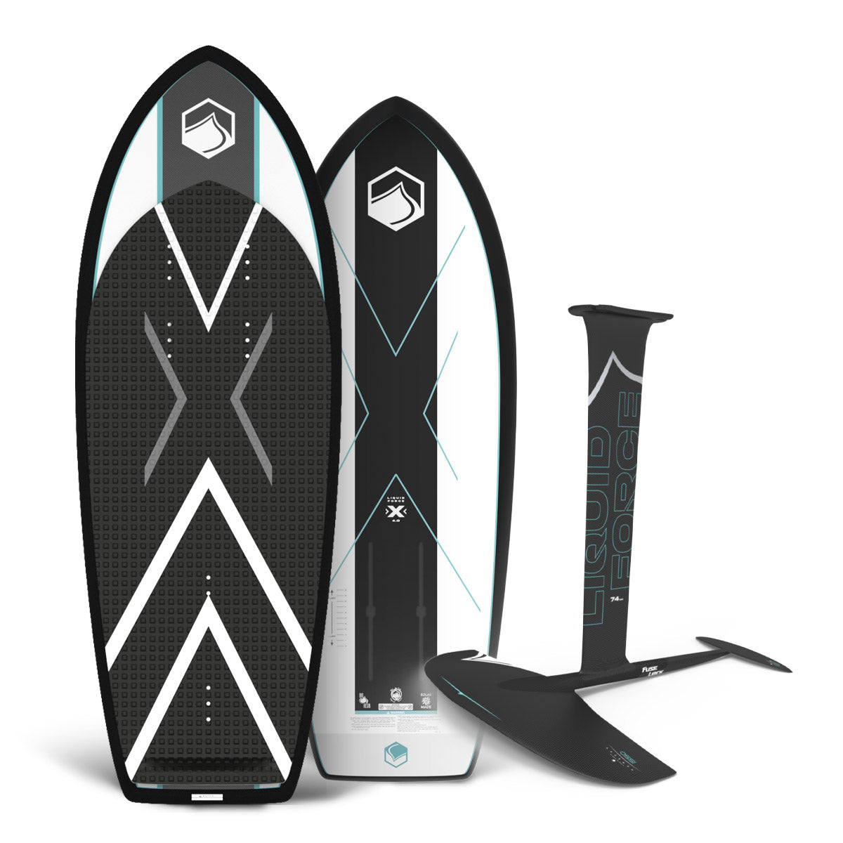 Top and base view of X foil board in black and white with Carbon Horizon 1550 FuseLock foil.