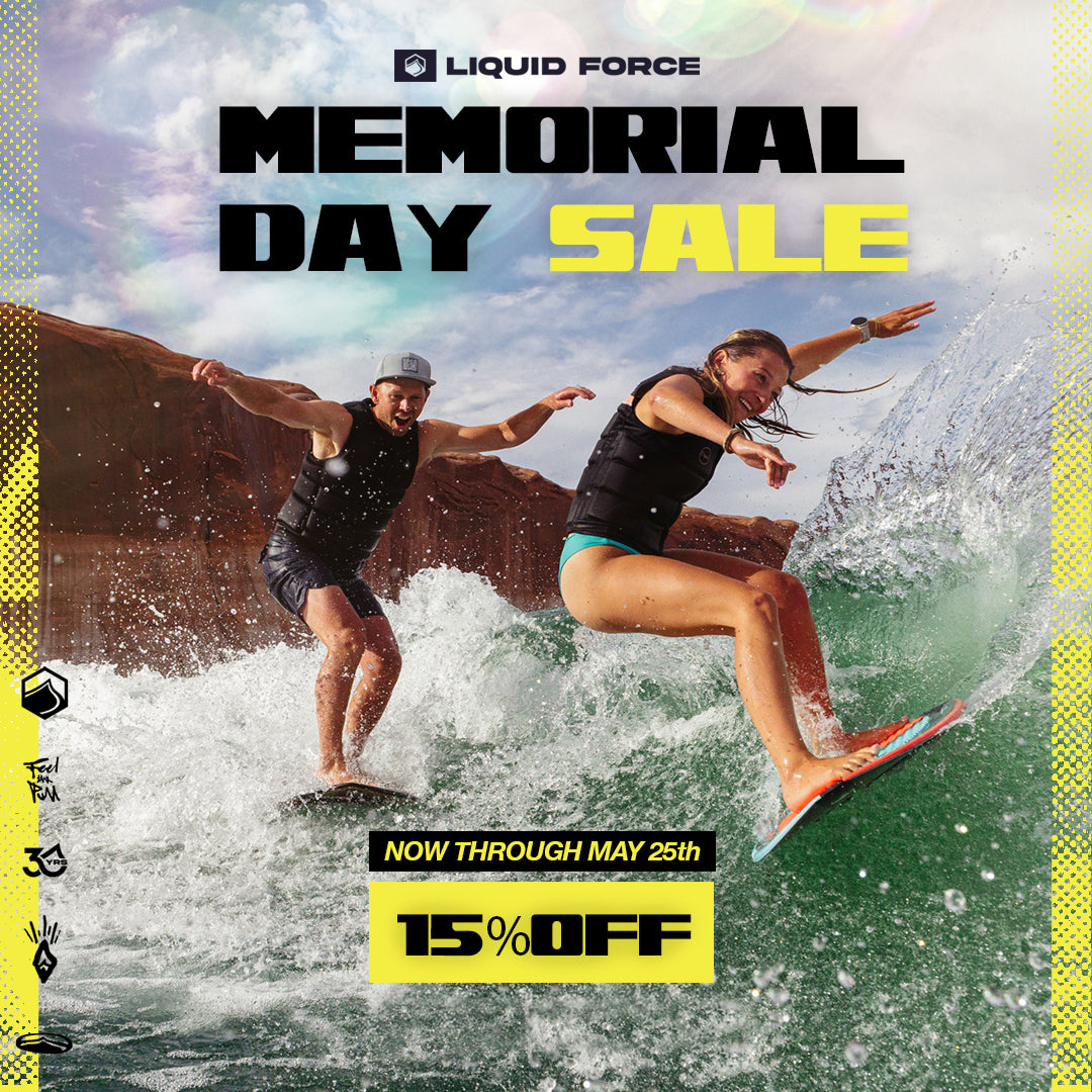 Liquid Force Memorial Day Sale graphic with two wakesurfers and 15% off through May 25.