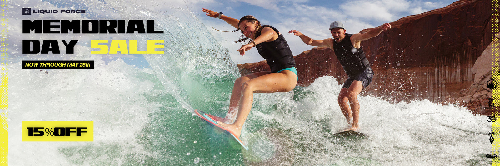 Liquid Force Memorial Day Sale banner with wakesurfers and 15% off text.