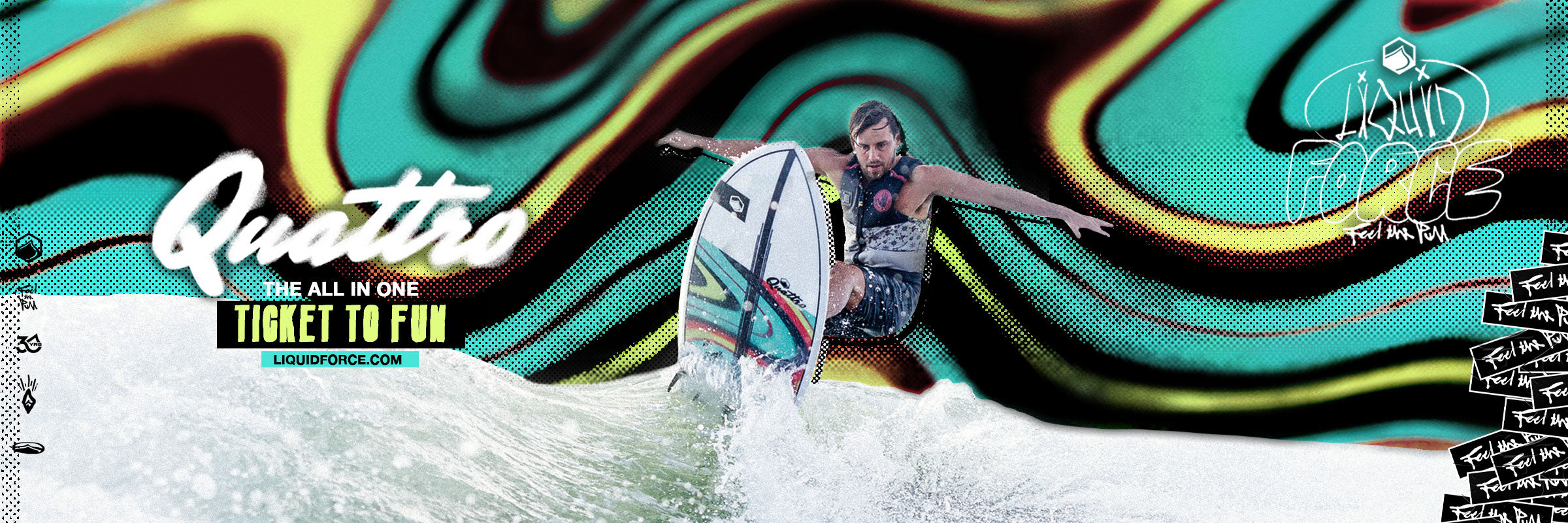 Wakesurfer riding a Quattro board through spray with Liquid Force Quattro graphic.