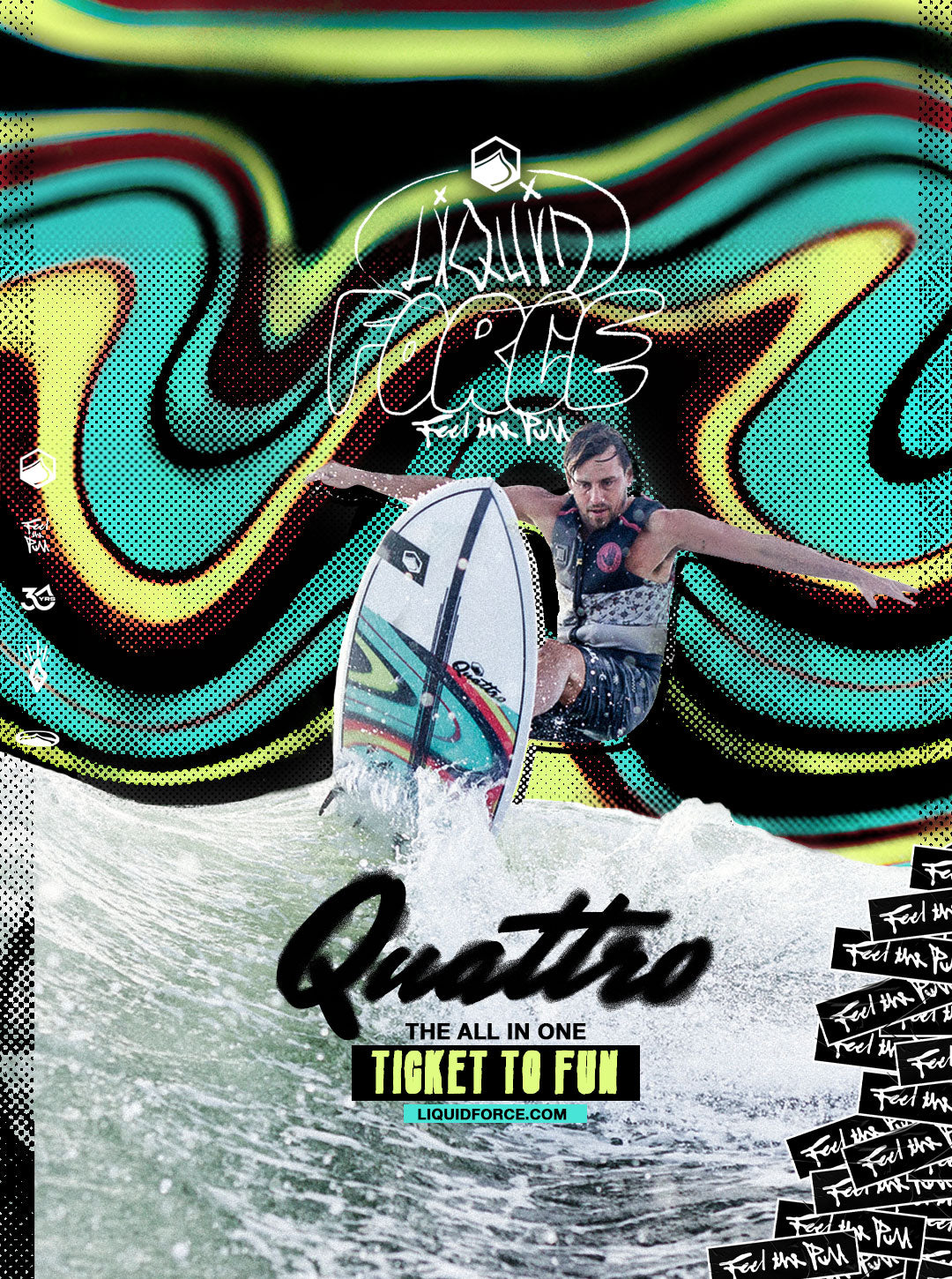 Wakesurfer riding a Quattro board on a colorful Liquid Force product graphic.
