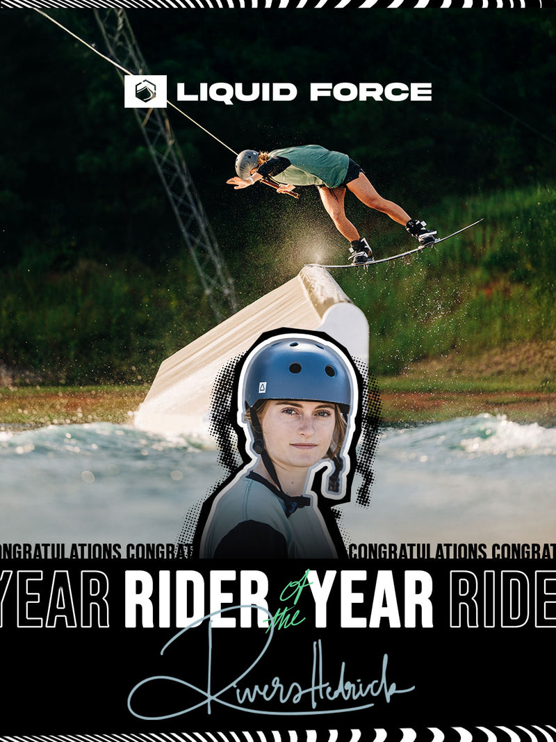Liquid Force advertisement with a wakeboarder performing a trick and a congratulatory message for a 'Rider of the Year' award.
