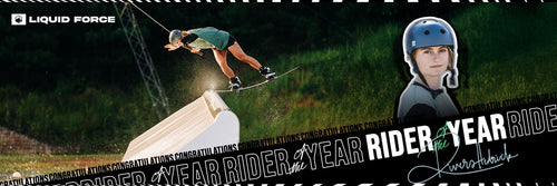 Person riding a skateboard on a ramp with 'Liquid Force' branding and text overlay.