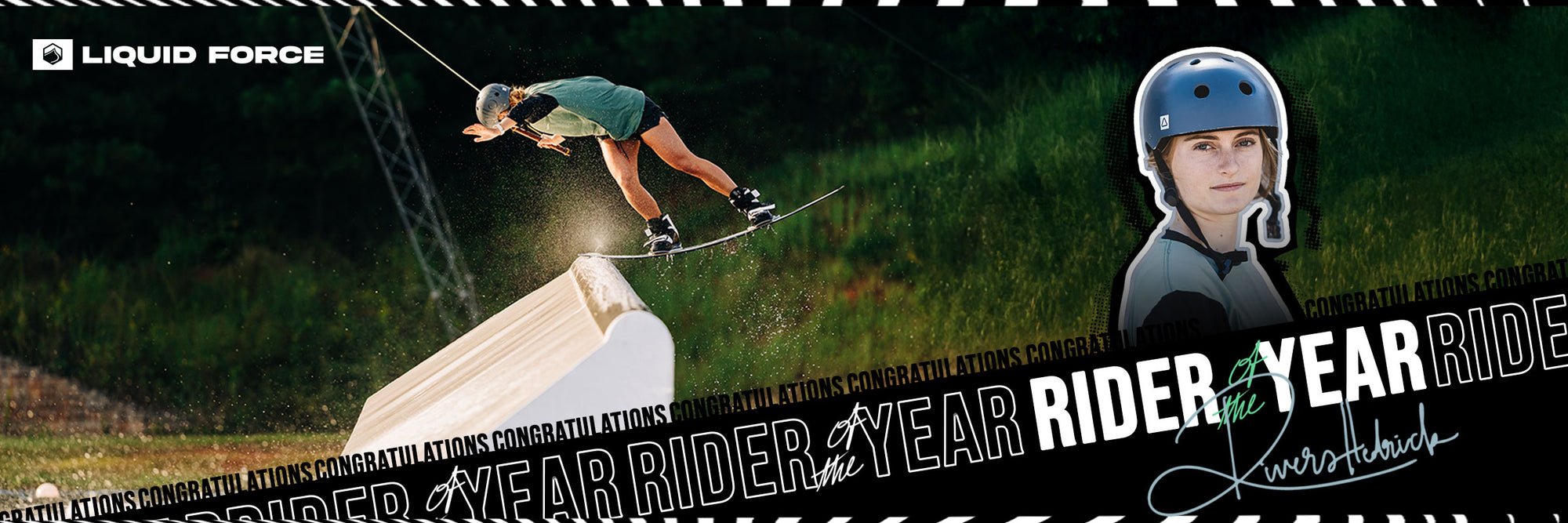 Person riding a skateboard on a ramp with 'Liquid Force' branding and text overlay.