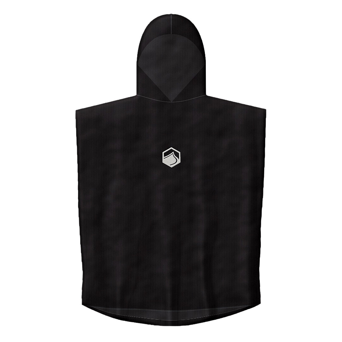 Front view of black Hex Changer Towel, a hooded changing poncho with center hexagon logo.