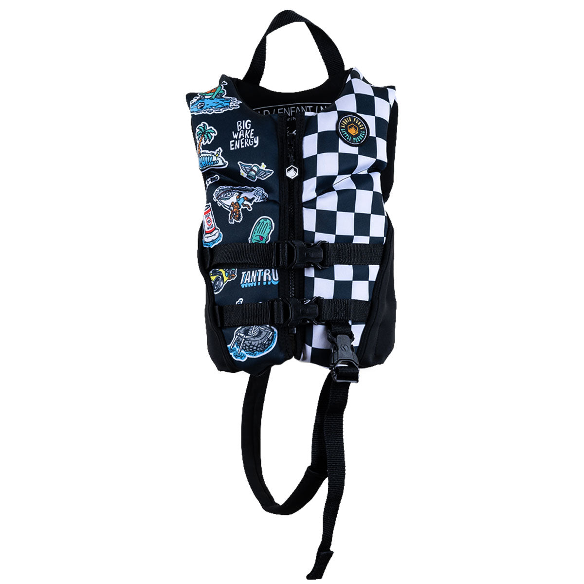 Front view of Little Trouble Child CGA life vest with checkered panel and two buckle straps.