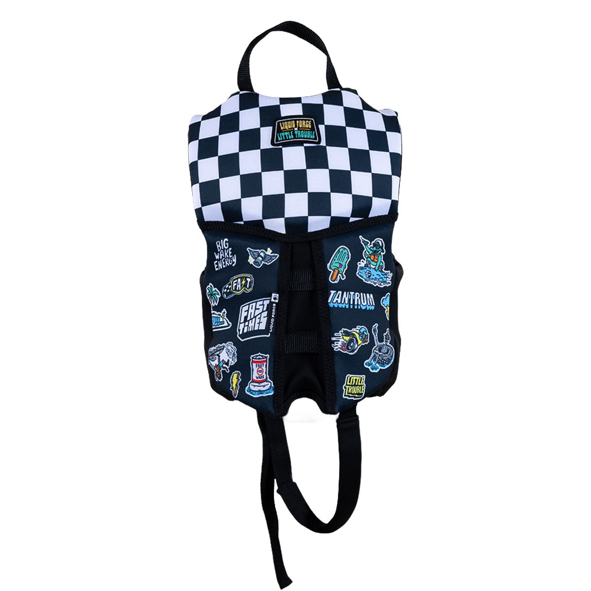 Back view of Little Trouble Child CGA life vest with checkered top and grab handle.