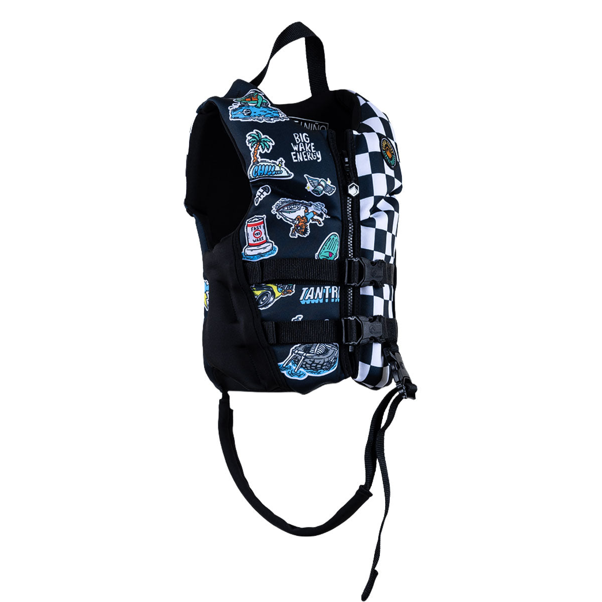 Side view of Little Trouble Child CGA life vest with checkered panel and dual buckle straps.
