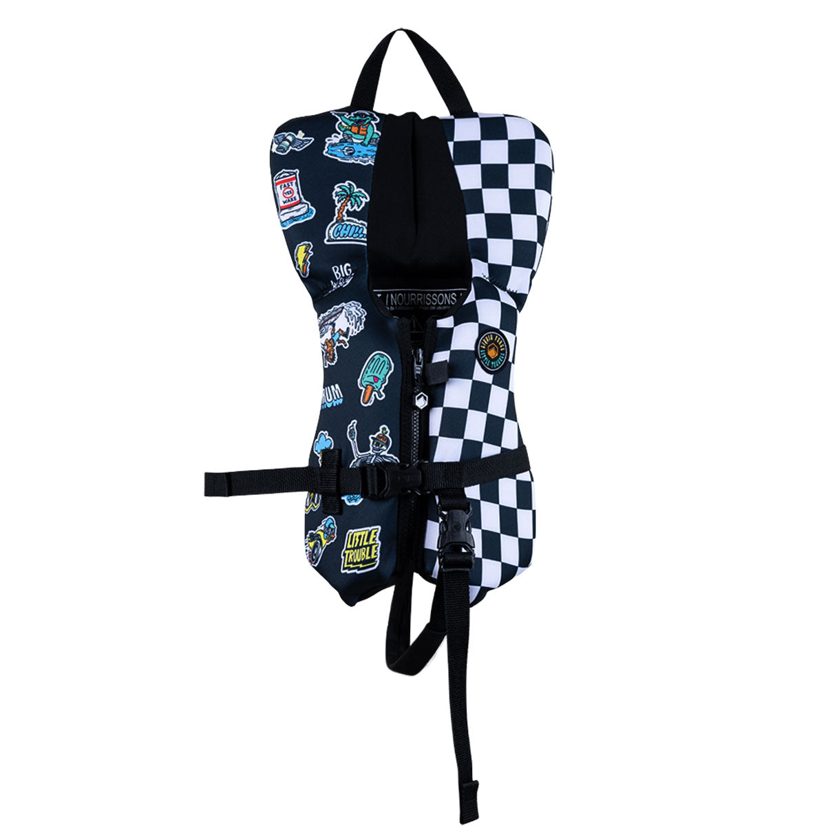 Front view of Little Trouble Infant CGA life vest with checkered panel, head support, and buckle strap.
