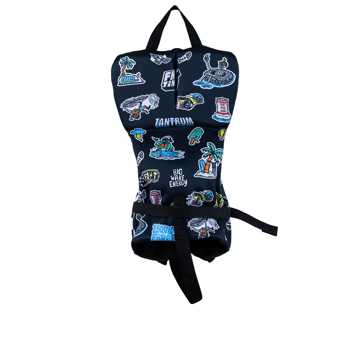 Back view of Little Trouble Infant CGA life vest with sticker graphics, grab handle, and head support.