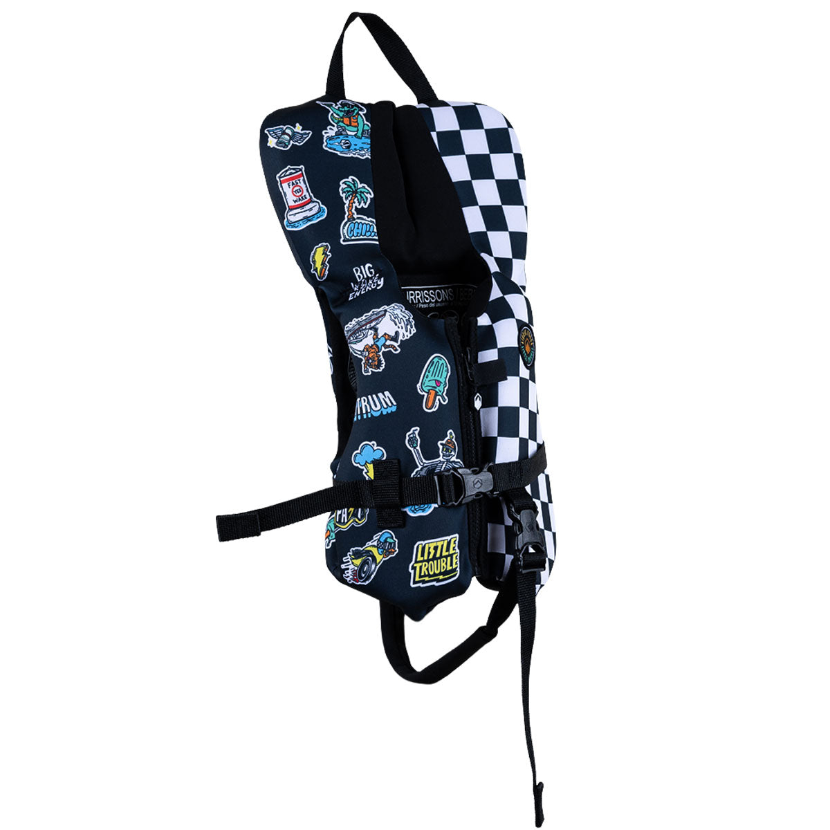 Side view of Little Trouble Infant CGA life vest with checkered panel, head support, and buckle strap.