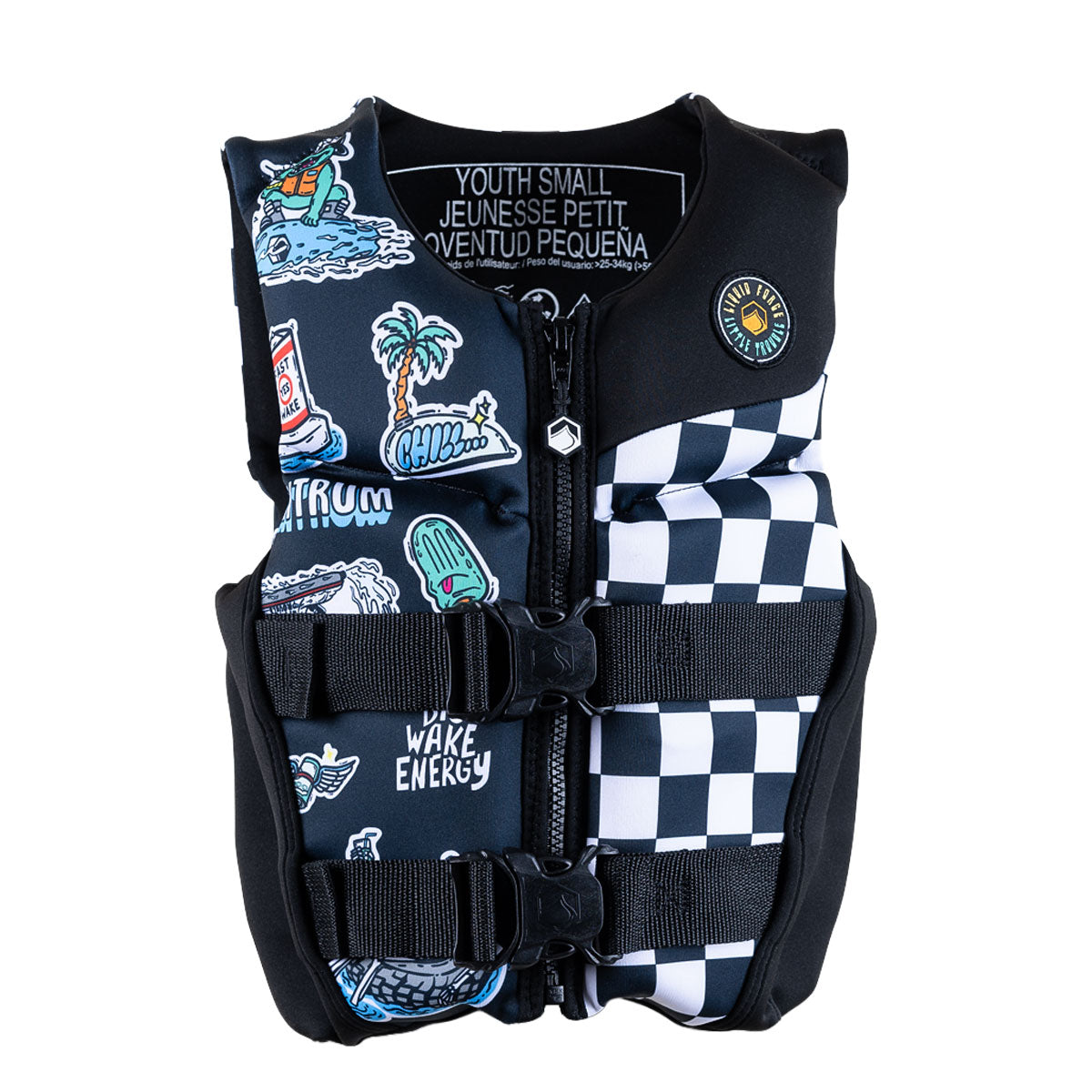 Front view of Little Trouble Youth CGA life vest with checkered panel, zipper, and two buckle straps.