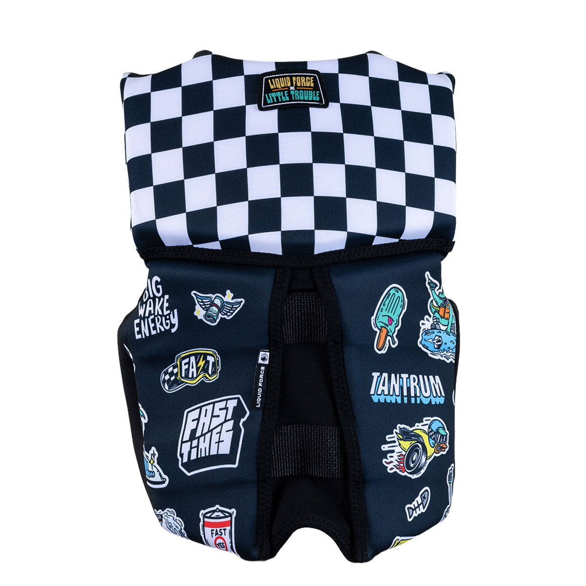 Back view of Little Trouble Youth CGA life vest with checkered top, logo patch, and sticker graphics.