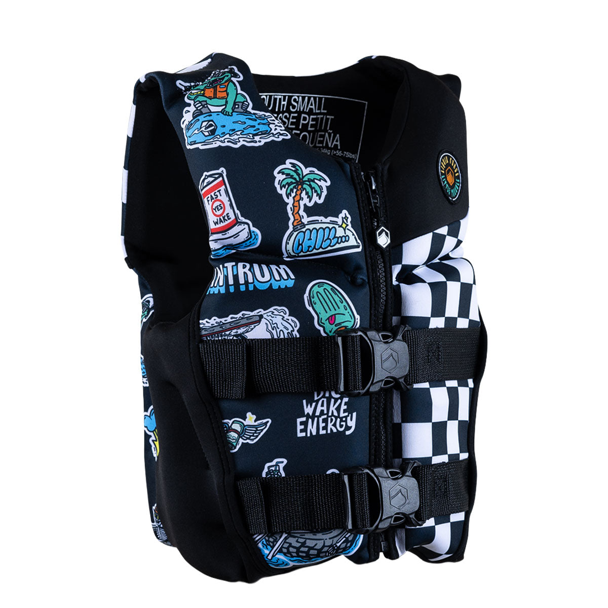 Angled front view of Little Trouble Youth CGA life vest with checkered panel and two buckle straps.