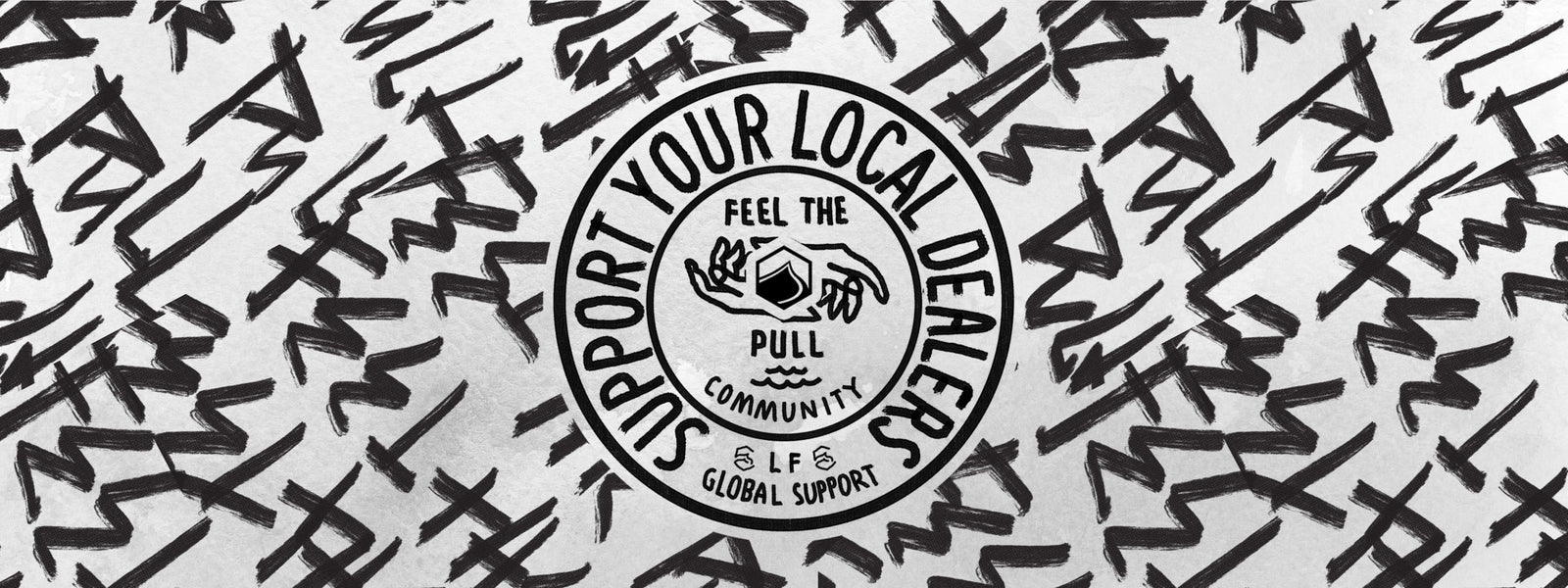 Stylized black and white graphic featuring a circular badge with artistic brush strokes.